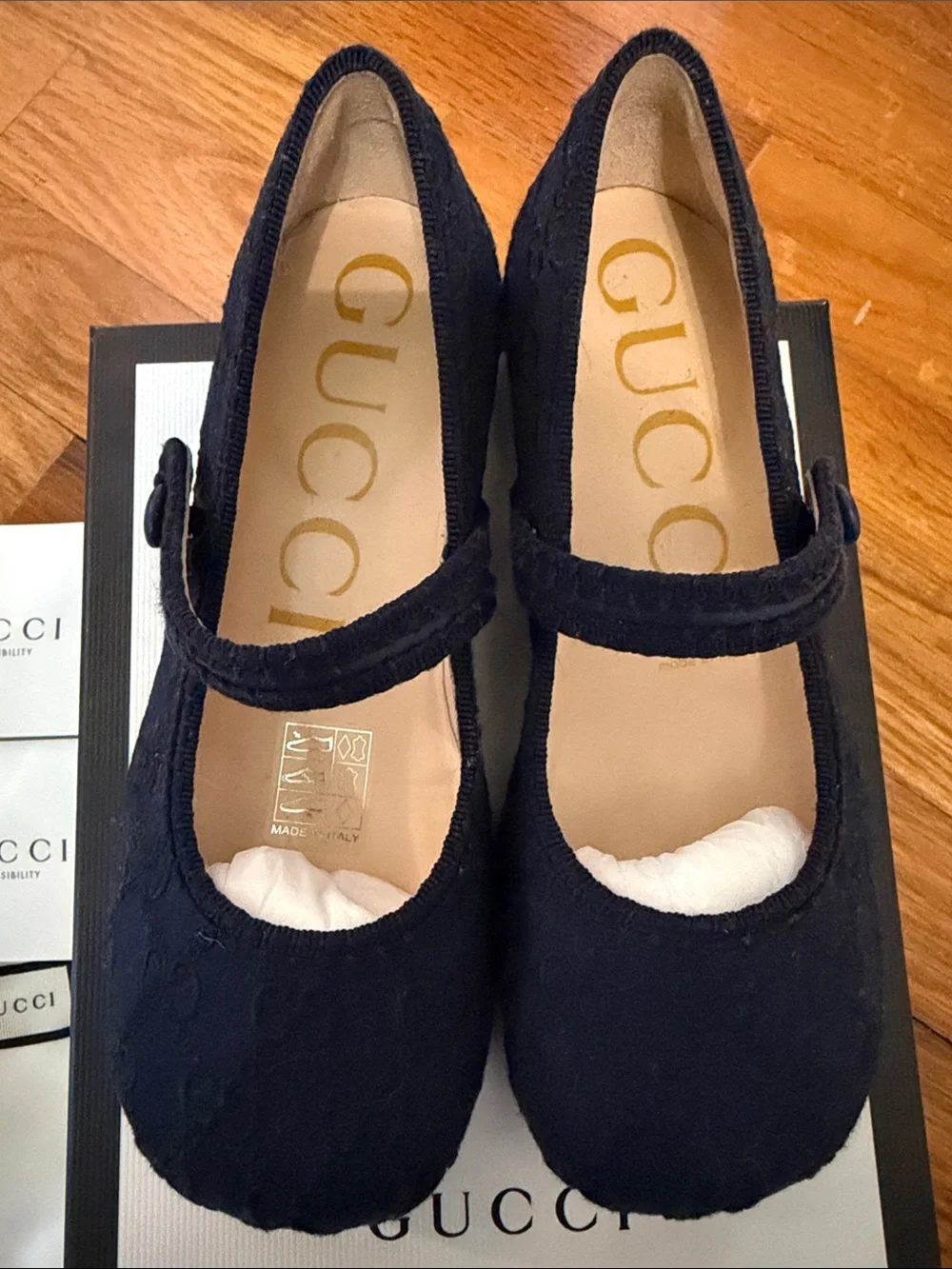 Gucci Kids Navy GG Jacquard Mary Jane Flats size 29